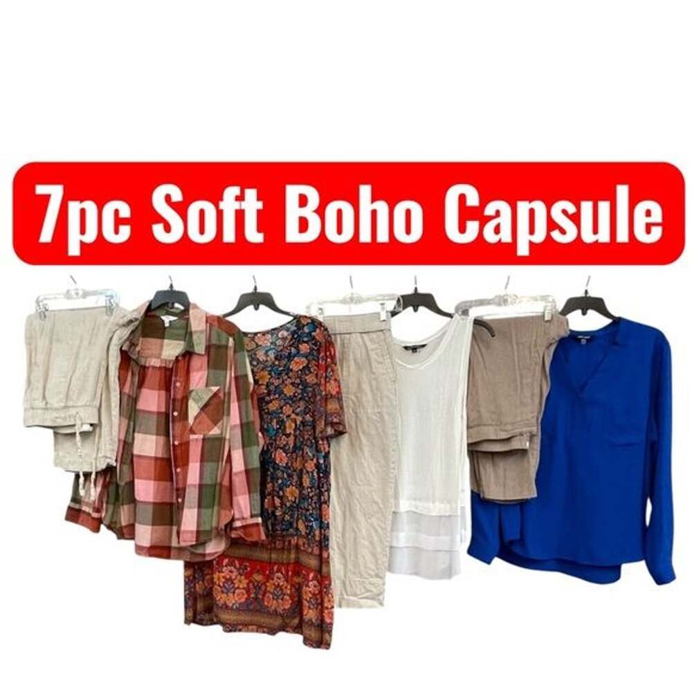 7pc Soft Boho Capsule Linen Floral Rustic Earthy Pants Blouses Tops XL Bundle